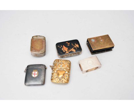 A collection of vesta cases including gunmetal, brass and Oriental, a German lighter, a Light Infantry papier mache snuff box