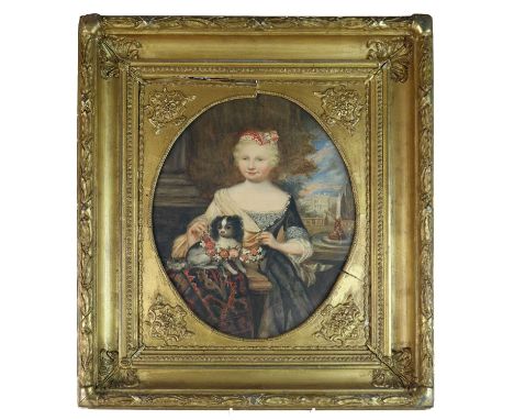 Portrait of a girl with a King Charles spaniel, watercolour, oval, 30cm x 24.5cm Condition report: Ok. Frame later painted an