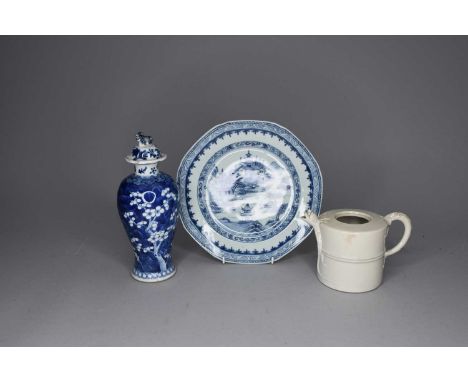 A group of Chinese ceramics, 18th-19th century, including a Dehua cylindrical teapot with dragon spout and handle, 11cm high,