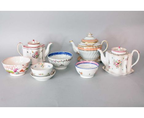 A group of New Hall porcelainearly 19th centurycomprising a pink and gilt shanked teapot, cover and stand, pattern 222, overa