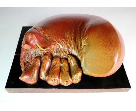 Tseng Min-Nan (Taiwanese Contemporary) Mother Dog Suckling Pups, ceramic sculpture on wooden base, signed, measurements 34 x 