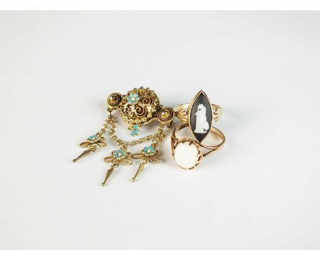 A 9ct gold oval cabochon opal ring, size M, together with a Wedgwood cameo ring, size M and a yellow metal and enamel brooch 