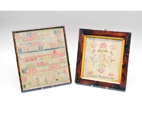 Two early 19th century samplers, the first Eleanor Hodson, 1835, and worked with a flower vase and crowns, 22cm x 19cm, the s