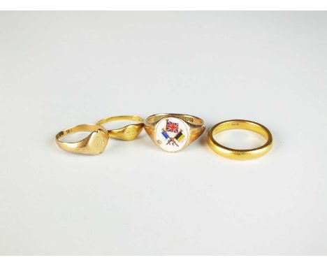 A 22ct gold plain polished wedding band, ring size Q, together with a 9ct gold enamel signet ring, size O and two further gol