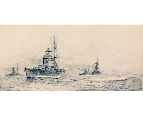 Rowland Langmaid (1897-1956) Atlantic Fleet Battleships at Sea, signed pencil bottom right, blind stamp bottom left, measurem