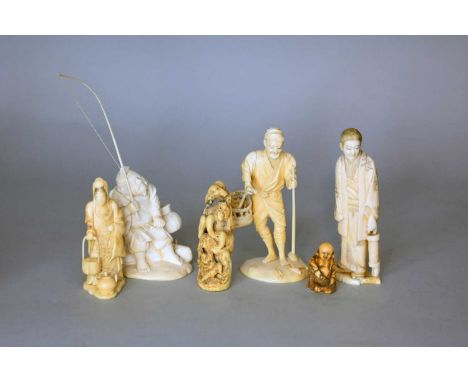 A group of five Japanese ivory okimono, including a fisherman, signed Norimasa, modelled seated on a rock and holding a rod, 