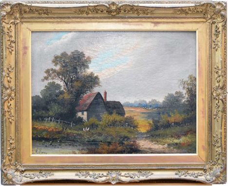 R Percy (British 19th Century), Country cottage beside a pond with chickens in the foreground and sheep grazing in the backgr
