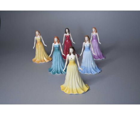 Six Royal Doulton ladies from the Gemstone Collection comprising January, Garnet; February, Amethyst; March, Aquamarine; Nove