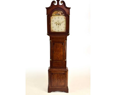 A Victorian oak and mahogany crossbanded, 8-day longcase clock, the hood with a broken swan-neck pediment, enclosing a 14” di