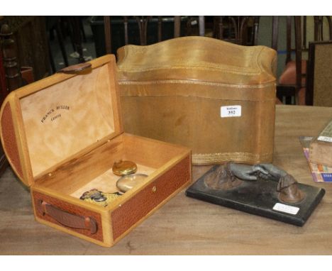 A VICTORIAN PAPERWEIGHT in the form of hands, an Asprey Correspondence box and another leather correspondence box, compass et