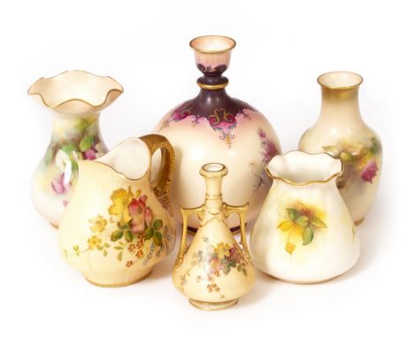 A WORCESTER HADLEYS FAIENCE PORCELAIN BOTTLE VASE 15cm high; a Royal Worcester vase with hand painted rose decoration by M Hu