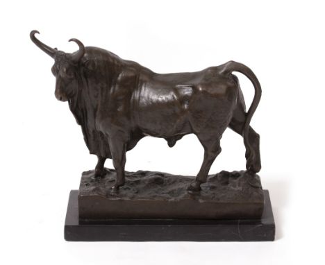 A FRENCH BRONZE FIGURE OF A BISON the naturalistic base with J B Foundry plaque and impressed number A2302, on a black marble