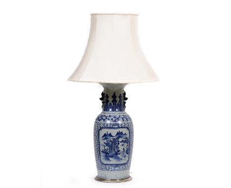 AN ANTIQUE CHINESE BLUE AND WHITE PORCELAIN VASE of flared baluster form converted to a lamp, the vase 61cm high