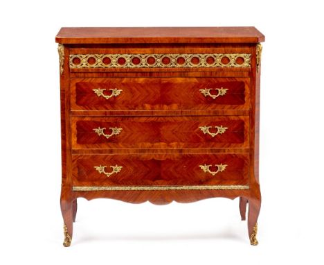A REPRODUCTION FRENCH CHEST OF THREE LONG DRAWERS  with brass mounts and cabriole legs, 86cm wide x 45cm deep x 90cm high