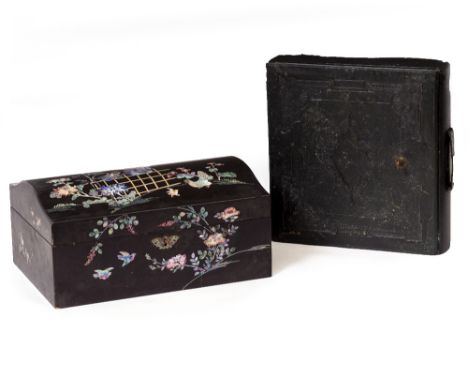 A LEATHER BOUND WRITING BOX 30cm x 30cm x 8cm together with a mother of pearl inlaid black box