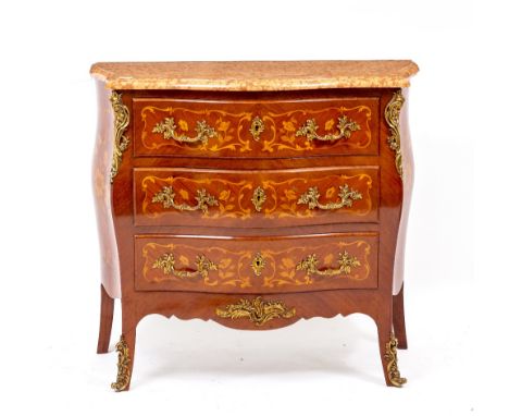 A REPRODUCTION FRENCH LOUIS XV STYLE KINGWOOD VENEERED BOMBAY COMMODE with a marble top, satinwood inlay, three drawers, bras