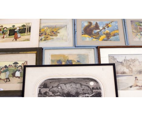 A SIGNED ETCHING BY GRAHAM CLARK 'Badgers Oak', 29cm x 36cm together with a collection of other pictures and prints including