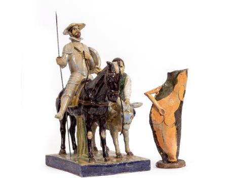 A CERAMIC FIGURAL GROUP  of Don Quixote, Sancho Panza and Rosinante, 50cm in height (damages) together with an abstract handl