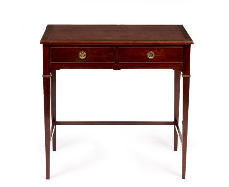 A MAHOGANY WRITING TABLE with two frieze drawers and a leather inset top, tapering legs united by stretchers, 73cm high x 76c