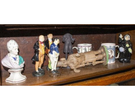 FIVE ROYAL DOULTON DICKENS CHARACTER FIGURINES together with a Wedgwood Dickens Centenary mug, a ceramic bust of Jean-Jacques