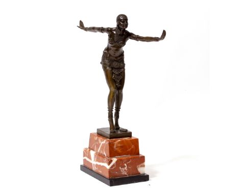 AFTER CHIPARUS a bronze figure of a scantily clad lady in Egyptian style, on a stepped marble plinth base, 46.5cm high overal
