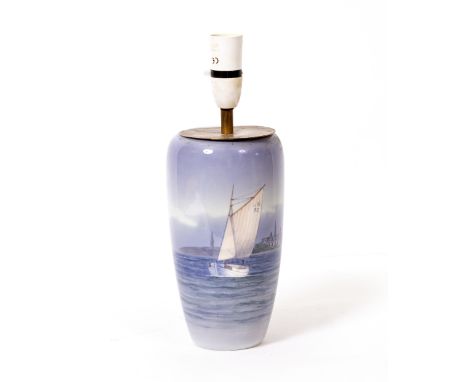 A ROYAL COPENHAGEN VASE  decorated with a sailing boat, later drilled and converted for use as a table lamp, the lamp body 23