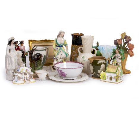 A QUANTITY OF CERAMICS AND GLASS to include a Belleek vase, a Doulton Lambeth jug, a ceramic inlaid tray, glass eye washes, a