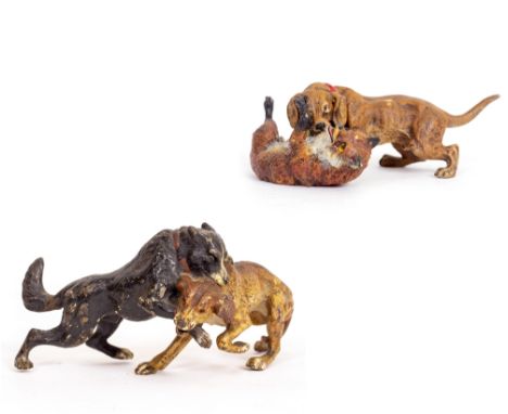 A FRANZ BERGMANN AUSTRIAN COLD PAINTED BRONZE FOX AND HOUND signed to the base, 9cm long x 3cm high and an Austrian cold pain