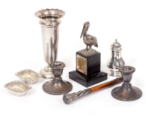 A COLLECTION OF SILVER WARE  to include a bud vase, a pair of candlesticks, a pepperette, a swagger stick pommel, a pair of s