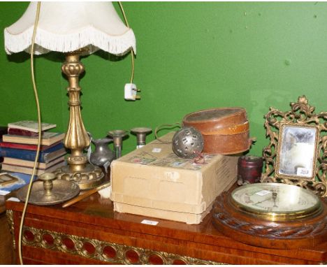 A CIRCULAR WOOD CASED ANEROID WALL BAROMETER  together with a pair of beaded footstools, a sarcophagus tea caddy, a gilt base