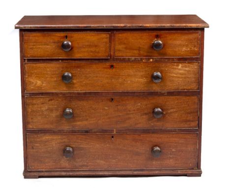 A MAHOGANY CHEST OF DRAWERS with turned knob handles, 111cm wide x 50.5cm deep x 92cm high