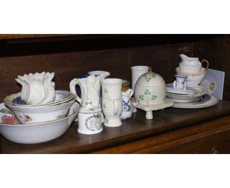 A COLLECTION OF CERAMIC to include a Belleek bowl together with a Belleek honeypot, a pair of mugs and a trinket box, a Meiss