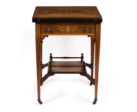 AN EDWARDS &amp; ROBERTS ROSEWOOD AND SATINWOOD INLAID ENVELOPE CARD TABLE 55cm wide x 55cm deep x 74cm high