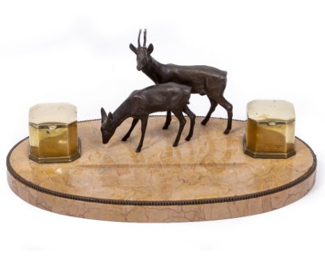 A MARBLE DESK STAND mounted with bronze deer and brass boxes, 42cm x 11.5cm