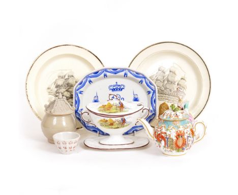 A COLLECTION OF CERAMICS to include a 19th century Samson teapot, a Meissen figurine of a lady feeding a bird in a cage, two 