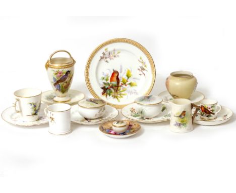 A COLLECTION OF ROYAL WORCESTER HAND PAINTED PORCELAIN  to include a late 19th century vase with loop handles, gilded lions m