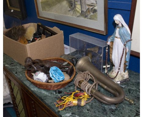 A MIXED LOT to include a brass horn, a Pentax A3 camera, ladies fans etc