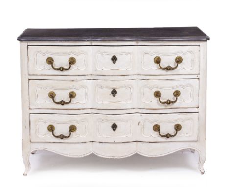 A FRENCH WHITE PAINTED CHEST OF THREE LONG DRAWERS and cabriole feet, 113cm wide x 54cm deep x 84cm high