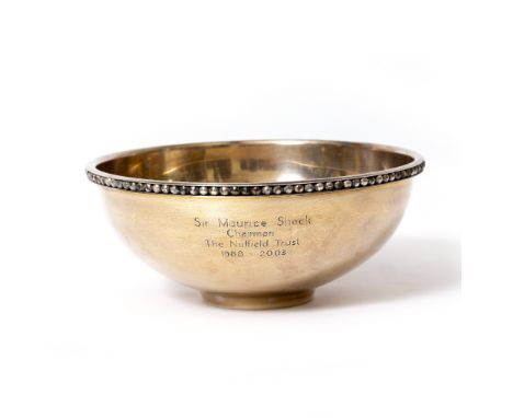 A MODERN SILVER PRESENTATION BOWL with beaded edge, presentation inscription and marks for Mappin &amp; Webb of London and ma