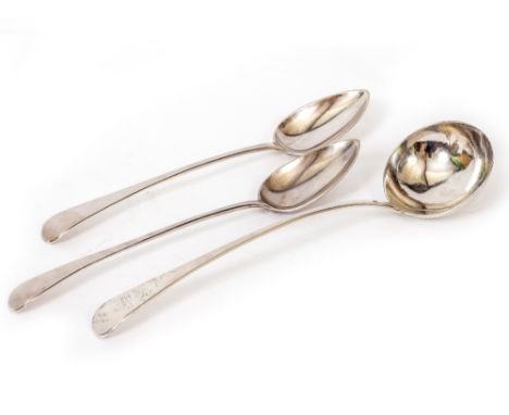 A GEORGIAN LADLE  33cm long and two Georgian basting spoons, 30cm long, with marks for London 1805 and 1802 (3)
