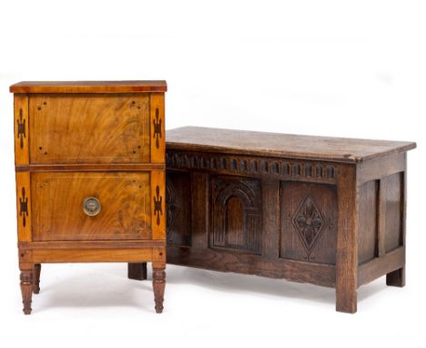 AN 18TH CENTURY STYLE CARVED OAK COFFER 92cm wide x 44.5cm deep x 49cm high together with a 19th century mahogany converted c
