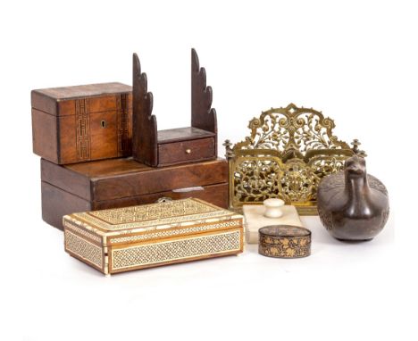 AN EASTERN STYLE BONE INLAID BOX 26cm x 15cm x 8cm together with a wooden inlaid tea caddy, a treen trinket box in the form o