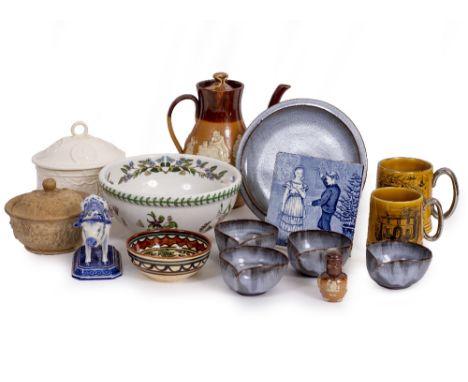 A COLLECTION OF CERAMICS to include a Doulton stoneware teapot and a Doulton pepper pot, a Delft figure of a cow, Studio Pott