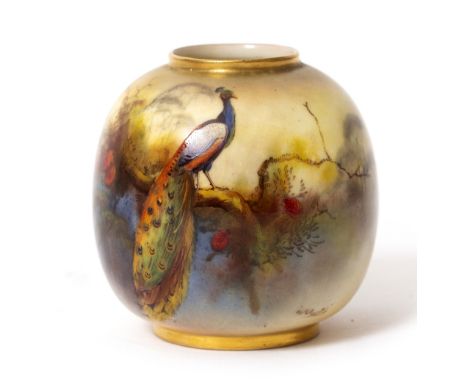 A ROYAL WORCESTER PORCELAIN VASE  of squat form, with hand painted peacock decoration by W.M.Austin, 7.5cm diameter x 8cm hig