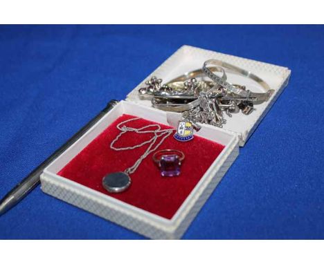 LOT OF SILVER AND COSTUME JEWELLERY including gold stone set ring, silver charm bracelet, silver bangles, propelling pencil, 