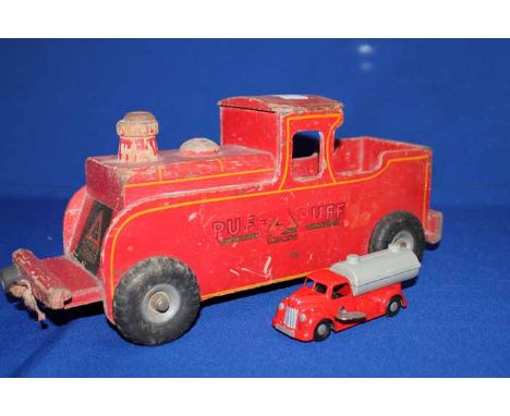 TRI-ANG WOODEN TOY PUFF PUFFtogether with a tin plate spinning top and a Peter Rabbit game (3)