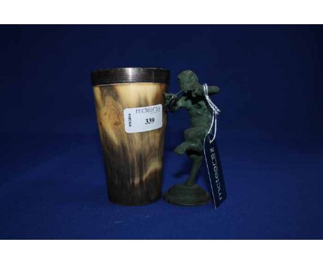 HORN CUP OF TAPERING CYLINDRICAL FORMtogether with a carved wooden figure of a knight, brass chamber candlestick and cast iro