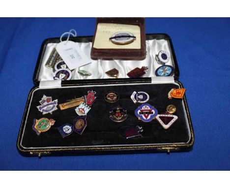 LOT OF ENAMELLED PIN BADGES together with Masonic items, including a Masonic tie pin, two Masonic books, etc 