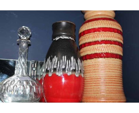 TWO WEST GERMAN POTTERY VASES AND A CRYSTAL DECANTER
