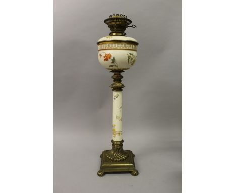 A VICTORIAN WORCESTER PORCELAIN AND BRASS OIL LAMP with porcelain reservoir and supported on a square brass base 26ins high.